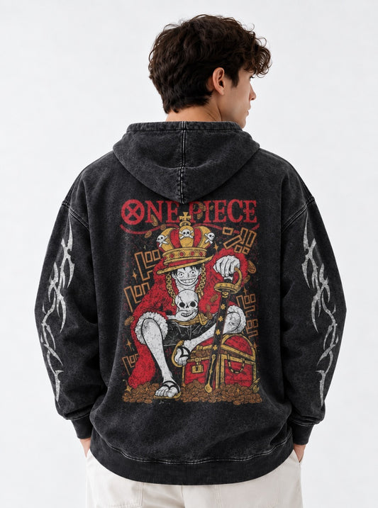 One Piece Graphic Washed Hoodie on model, back view