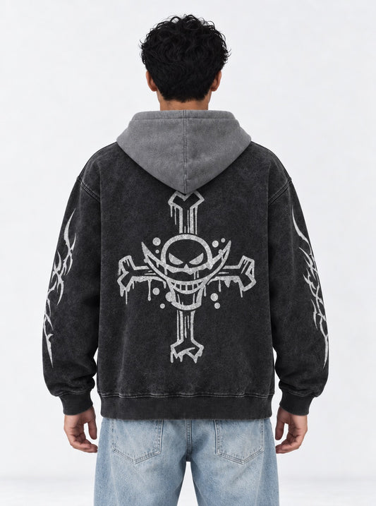 One Piece Heavyweight Black and Gray Washed Hoodie on model, back view