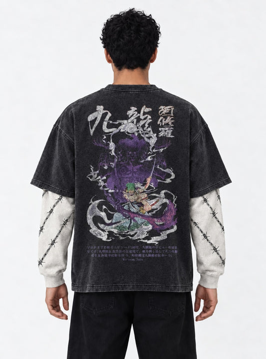 One Piece Heavyweight Double Sleeves Washed T-Shirt on model, back view