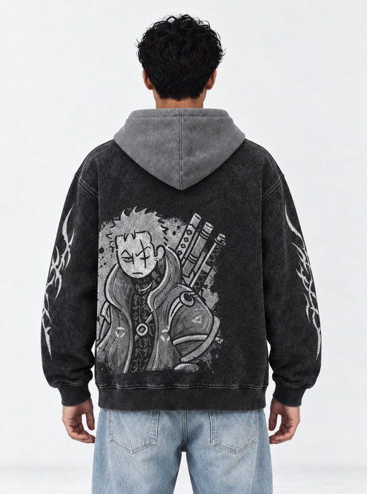 One Piece High Quality Black and Gray Washed Hoodie on model, back view