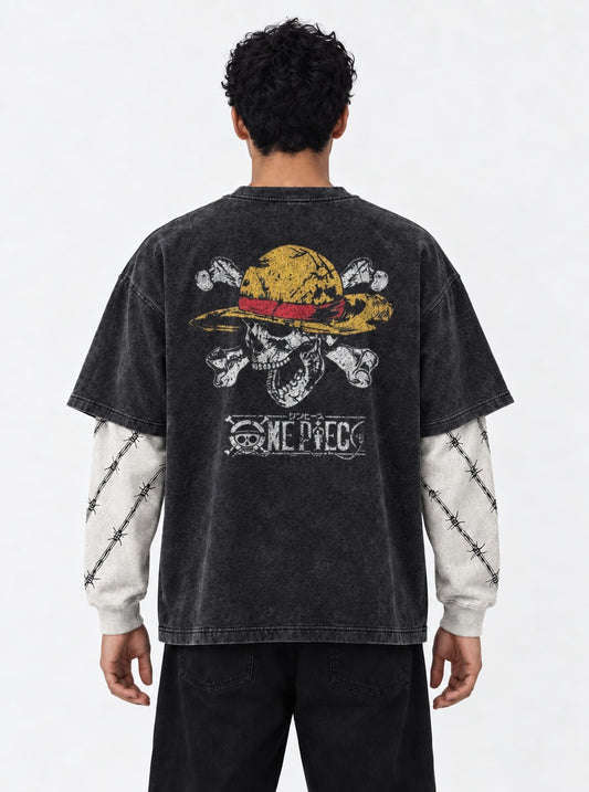 One Piece High Quality Double Sleeves Washed T-Shirt on model, back view