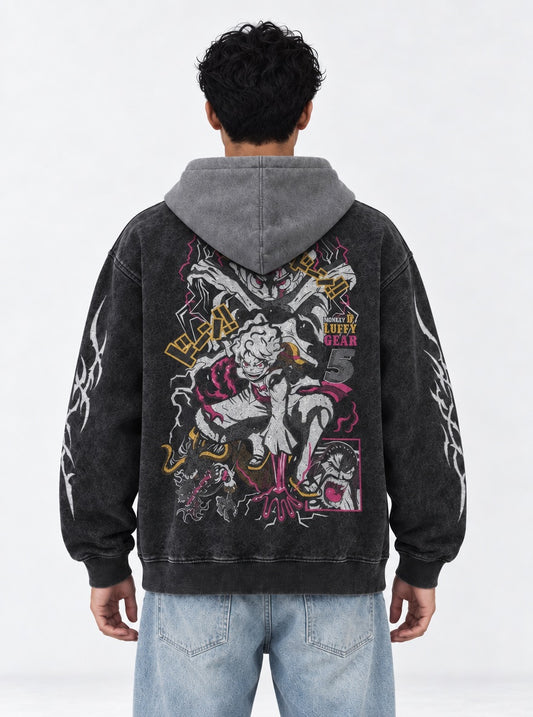 One Piece Iconic Black and Gray Washed Hoodie on model, back view