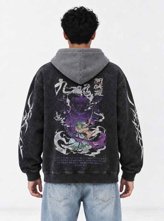 One Piece Layered Black and Gray Washed Hoodie on model, back view