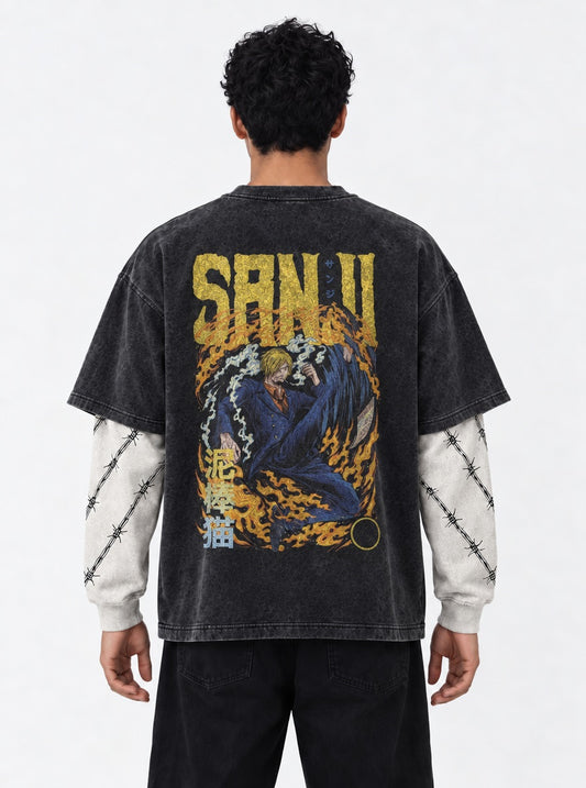 One Piece Layered Double Sleeves Washed T-Shirt on model, back view