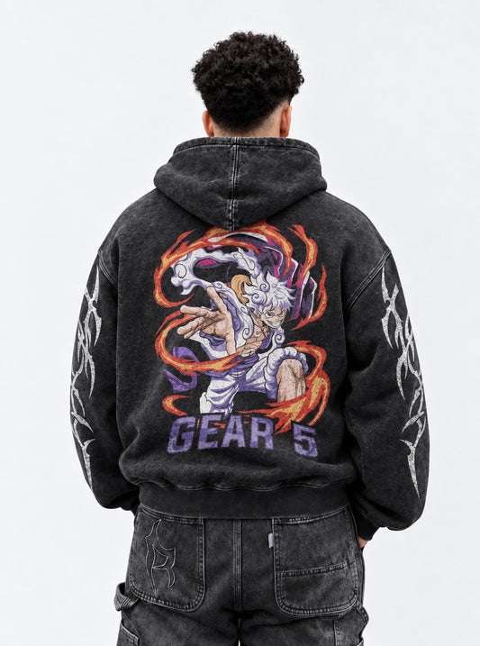 One Piece Layered Washed Hoodie on model, back view