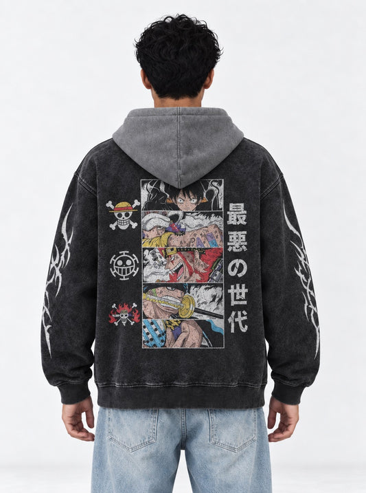 One Piece Lightweight Black and Gray Washed Hoodie on model, back view