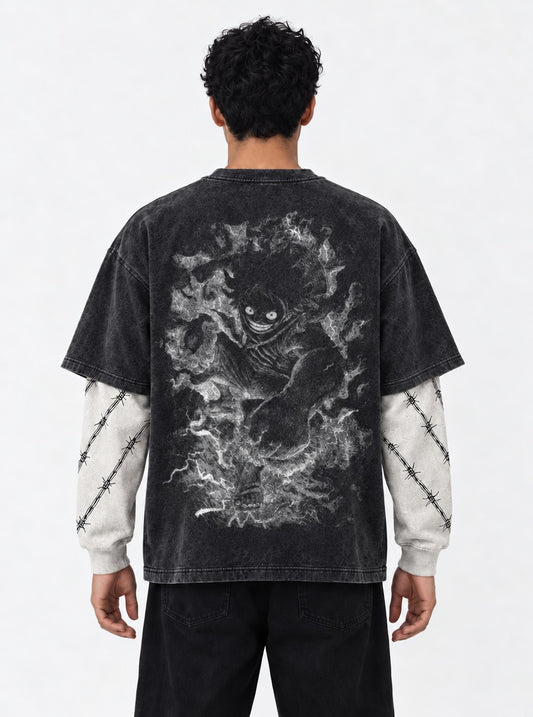 One Piece Lightweight Double Sleeves Washed T-Shirt on model, back view