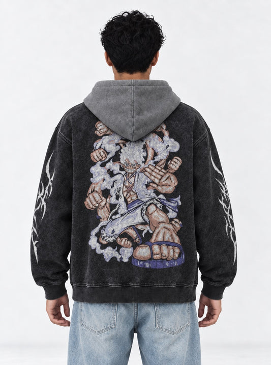 One Piece Loose-fit Black and Gray Washed Hoodie on model, back view