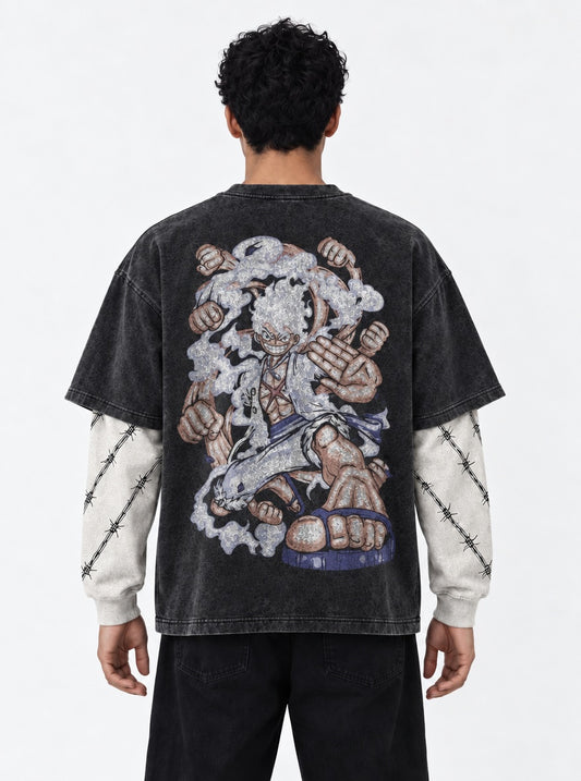 One Piece Loose-fit Double Sleeves Washed T-Shirt on model, back view
