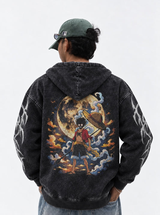 One Piece Loose-fit Washed Hoodie on model, back view