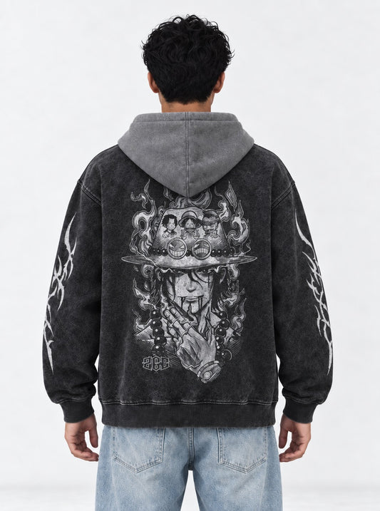 One Piece Luxe Black and Gray Washed Hoodie on model, back view