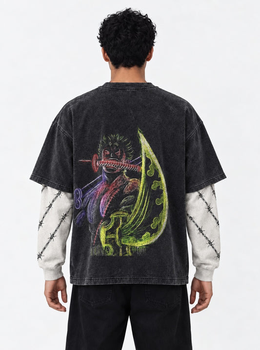 One Piece Luxe Double Sleeves Washed T-Shirt on model, back view