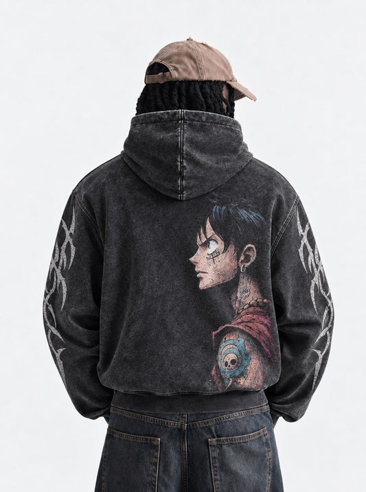 One Piece Luxe Washed Hoodie on model, back view