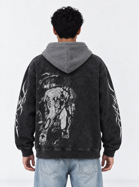One Piece Minimal Black and Gray Washed Hoodie on model, back view