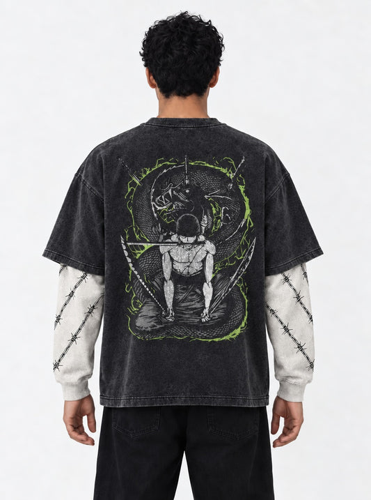 One Piece Minimal Double Sleeves Washed T-Shirt on model, back view