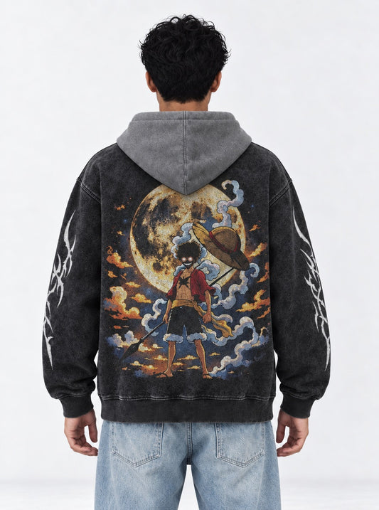 One Piece Modern Black and Gray Washed Hoodie on model, back view