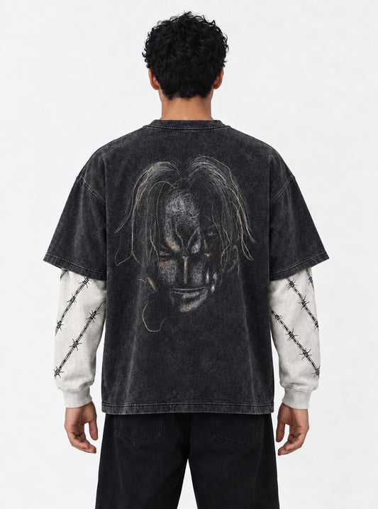 One Piece Modern Double Sleeves Washed T-Shirt on model, back view