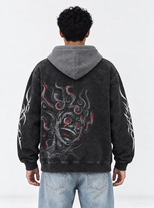 One Piece Oversized Black and Gray Washed Hoodie on model, back view