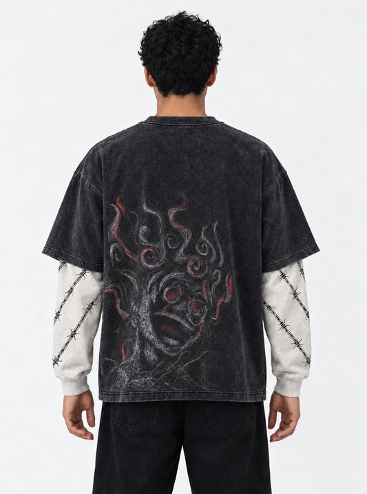 One Piece Oversized Double Sleeves Washed T-Shirt on model, back view