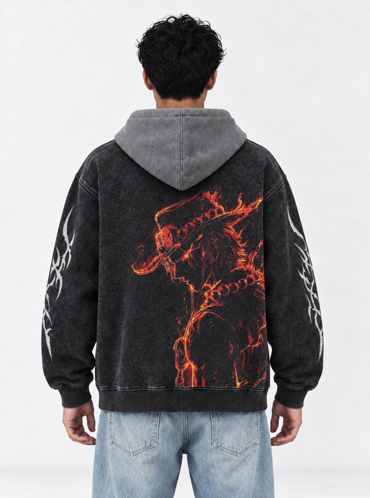 One Piece Premium Black and Gray Washed Hoodie on model, back view