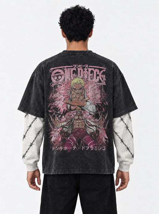 One Piece Premium Double Sleeves Washed T-Shirt on model, back view