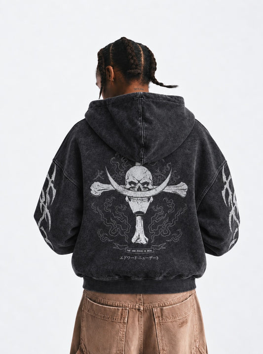 One Piece Premium Washed Hoodie on model, back view