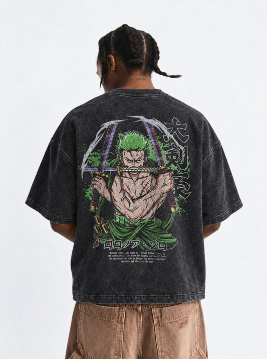 One Piece Premium Washed T-Shirt on model, back view