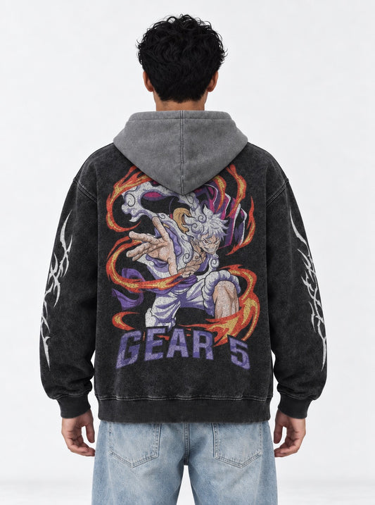 One Piece Printed Black and Gray Washed Hoodie on model, back view