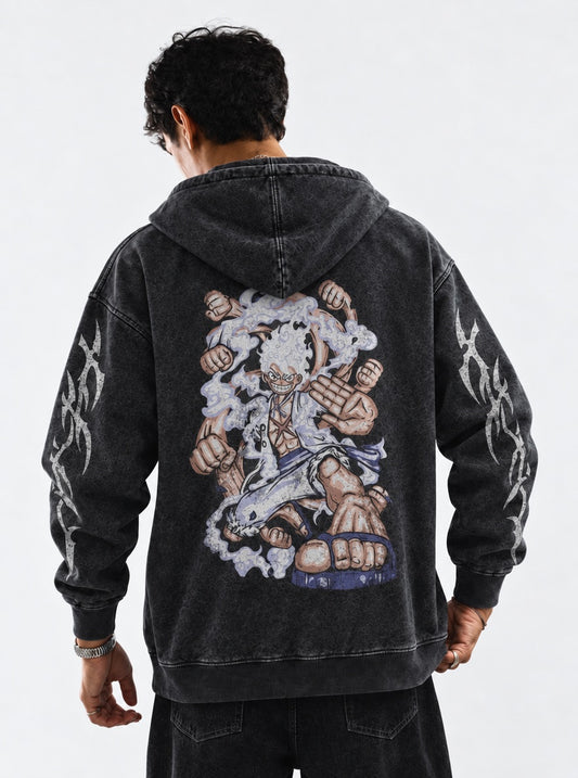 One Piece Printed Washed Hoodie on model, back view