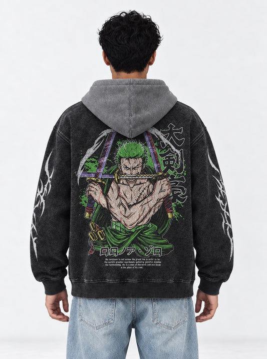One Piece Refined Black and Gray Washed Hoodie on model, back view