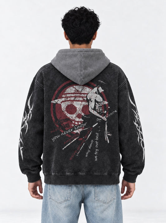 One Piece Timeless Black and Gray Washed Hoodie on model, back view