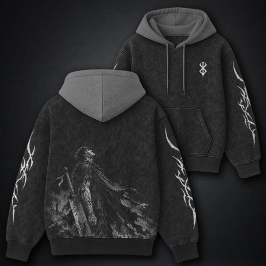 Berserk Black Swordsman Black and Grey Washed Hoodie