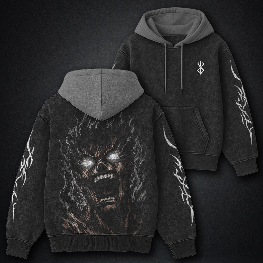 Berserk Guts Rage Black and Grey Washed Hoodie