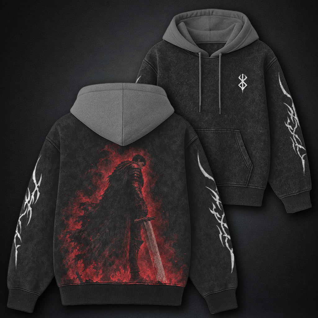 Berserk Inferno Swordsman Black and Grey Washed Hoodie