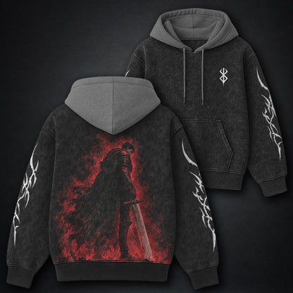 Berserk Inferno Swordsman Black and Grey Washed Hoodie