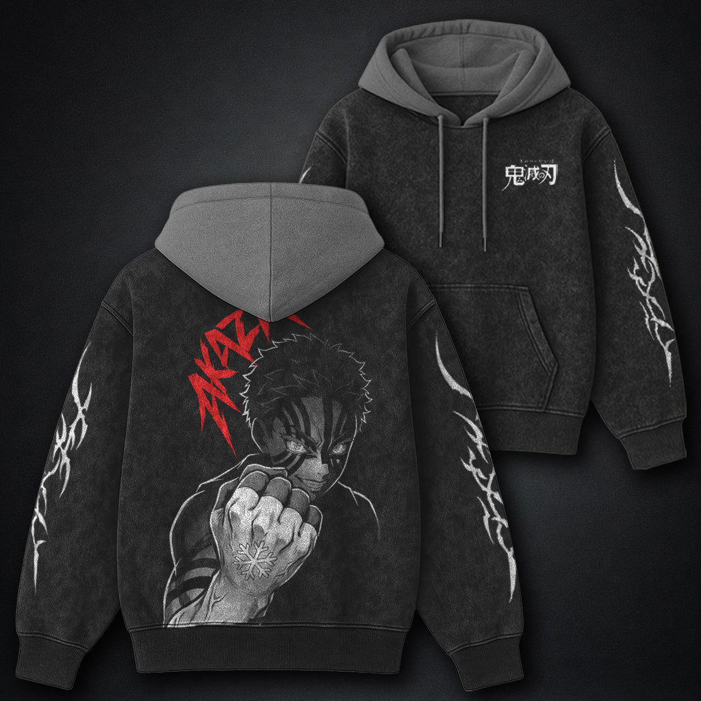 Demon Slayer Akaza Fist Black and Grey Washed Hoodie