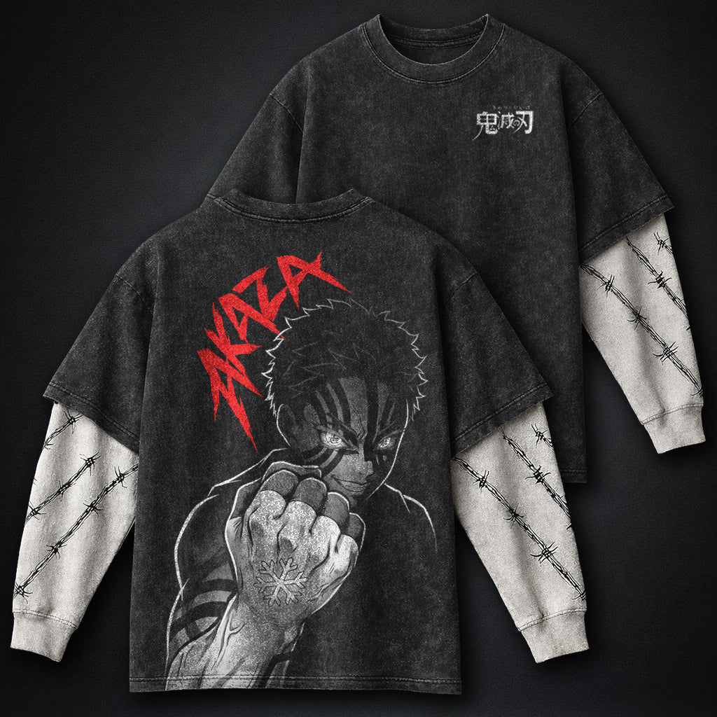 Demon Slayer Akaza Fist Washed Double Sleeves T-Shirt