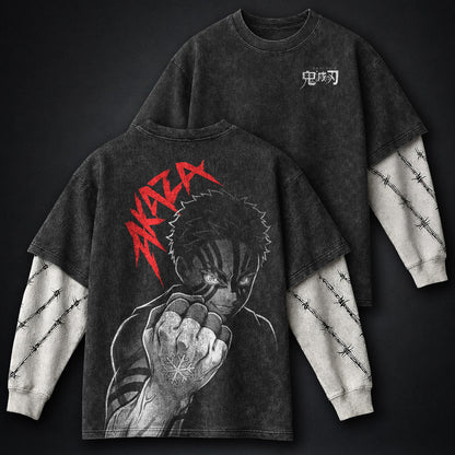 Demon Slayer Akaza Fist Washed Double Sleeves T-Shirt