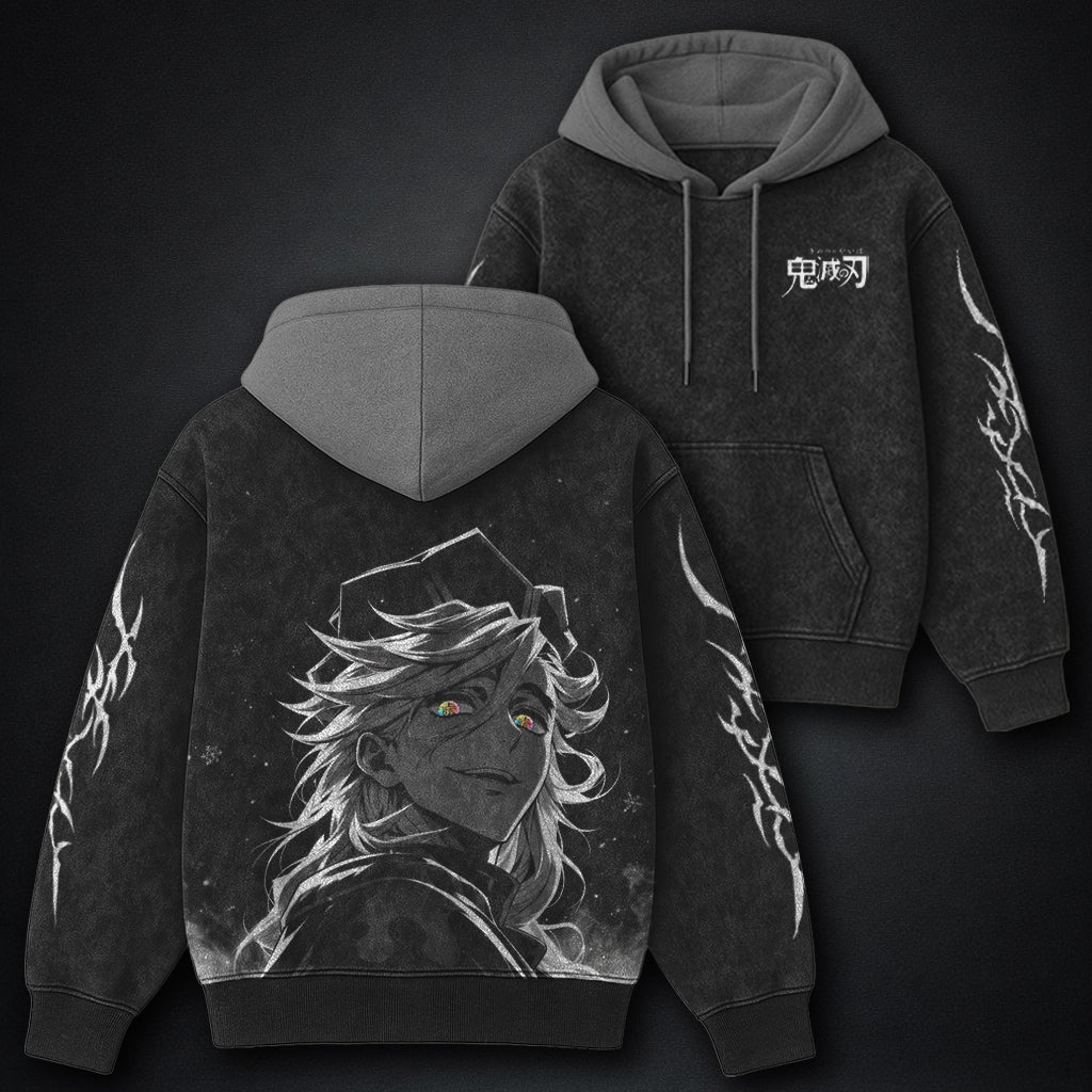 Demon Slayer Doma Smile Black and Grey Washed Hoodie