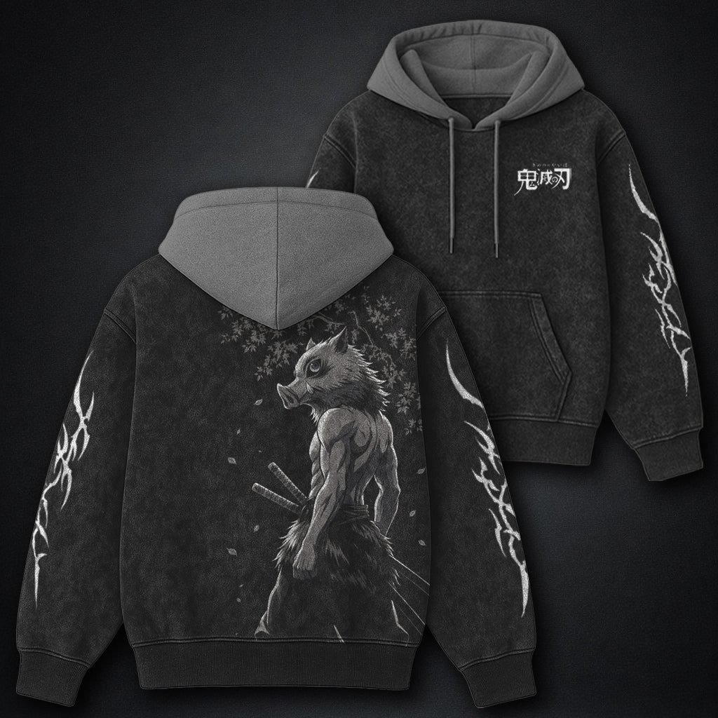 Demon Slayer Inosuke Wild Boar Black and Grey Washed Hoodie