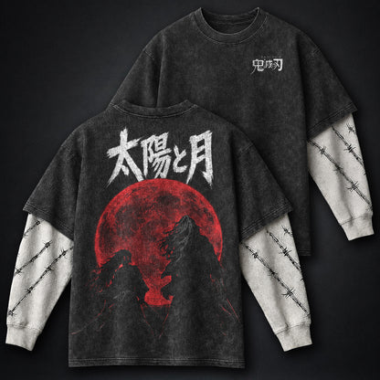 Demon Slayer Sun and Moon Duel Washed Double Sleeves T-Shirt