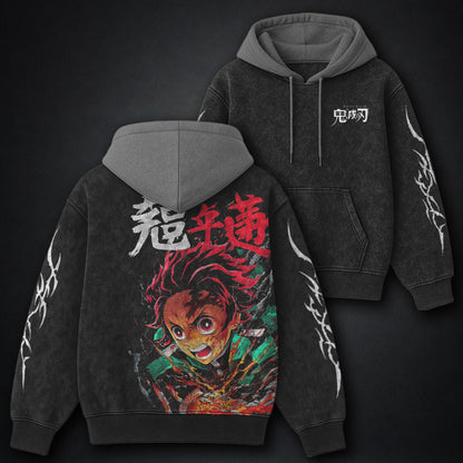 Demon Slayer Tanjiro Blaze Black and Grey Washed Hoodie