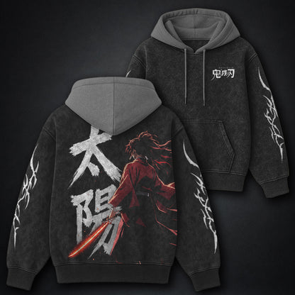 Demon Slayer Yoriichi Sun Black and Grey Washed Hoodie