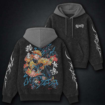 Demon Slayer Zenitsu Lightning Black and Grey Washed Hoodie